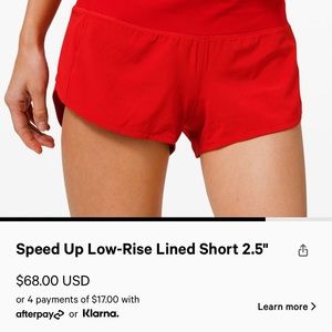 lululemon speed up low rise lined short 2.5”